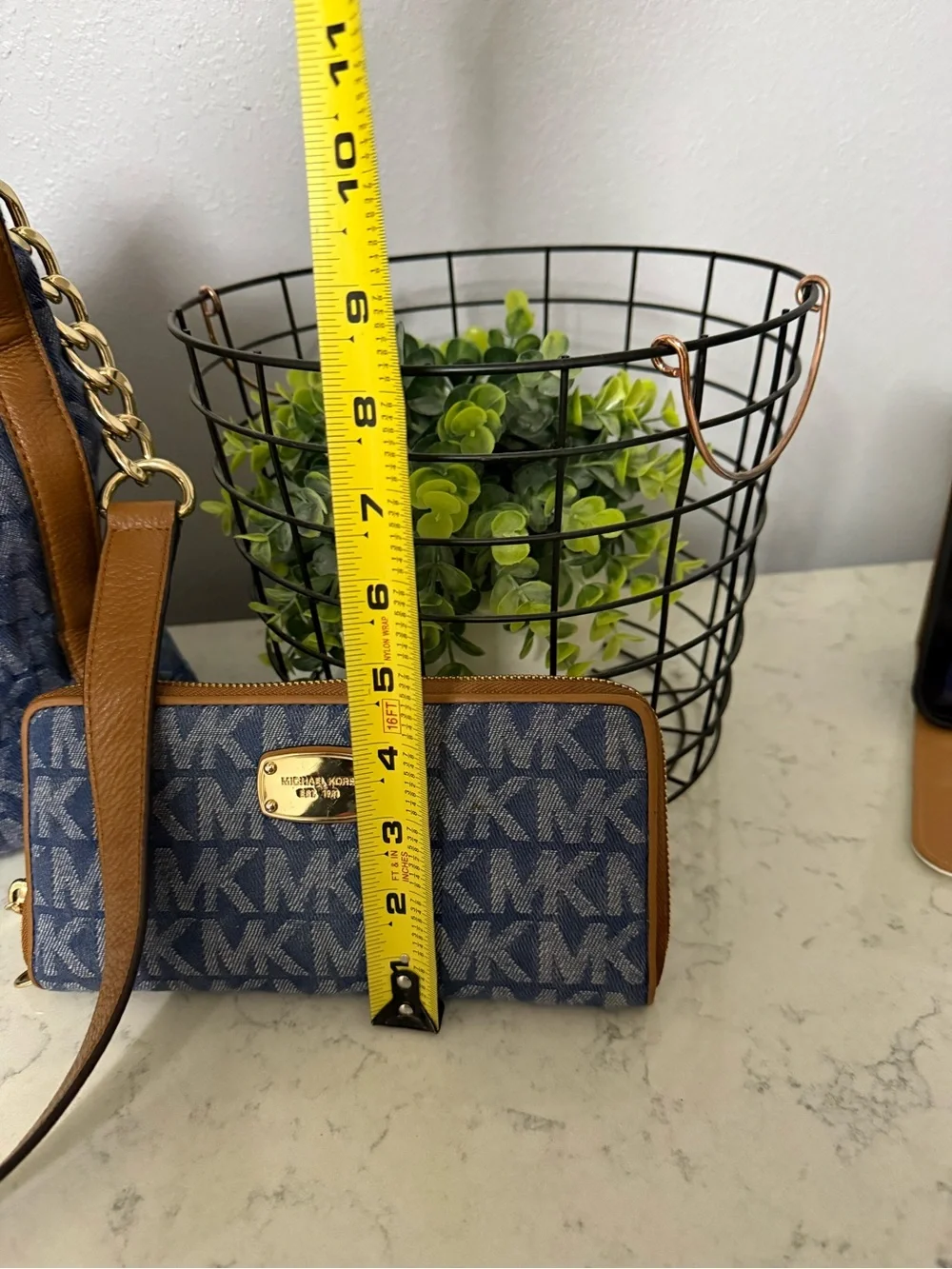 Michael Kors Blue MK Logo Tote with Brown Trim and Matching Wallet - Picture 7 of 10